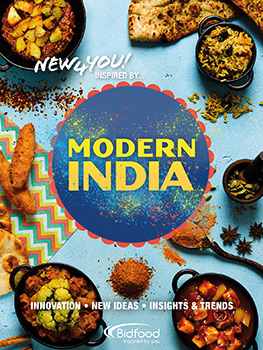 Food photograph of four editions of a foodservice magazine, themed around Americana, Modern Indian food, Oriental Pan-Asian food and Middle Eastern food