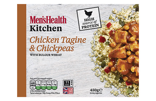 Four frozen ready meal front of pack images featuring food photographs of chicken tikka breast with aubergine and lentil dahl, Thai red chicken curry with spinach and wild rice, king prawns and pomegranate with Persian rice, and chicken tagine and chickpeas with bulgur wheat