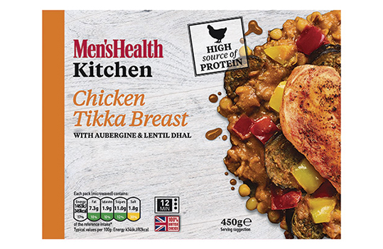 Four frozen ready meal front of pack images featuring food photographs of chicken tikka breast with aubergine and lentil dahl, Thai red chicken curry with spinach and wild rice, king prawns and pomegranate with Persian rice, and chicken tagine and chickpeas with bulgur wheat