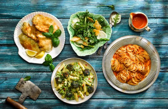 Aerial food photograph of a spread of homemade Italian inspired dishes, chicken Milanese with basil and lemon wedges, rocket, asparagus, fennel and parmesan salad, spaghetti with tomato veloute and pennoni giardinera, penne with spinach fritters, lemon and basil 