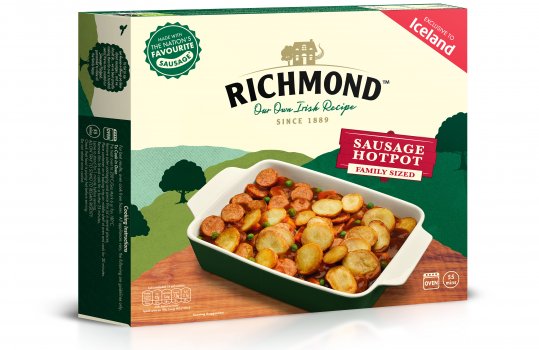 Food photograph of a family sized baking dish filled with Richmond sausage hotpot, on the front of a pack of Richmond sausage hotpot ready meal