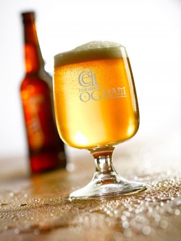 Photograph of a glass of craft beer, lit from behind so that the light comes through the beer and exposes the bubbles rising towards the head.