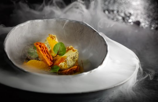 Food photograph of a fine dining dessert, vanilla parfait and honeycomb dressed with micro greens inside a grey bowl, surrounded by dry ice which is emitting vapour over the background