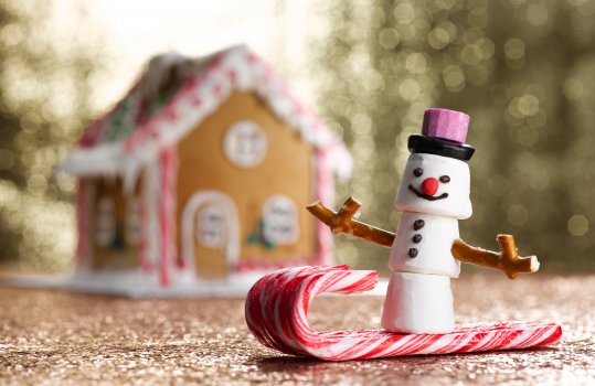 Photograph of a snowman made from marshmallows and confectionary, riding a sled made from candy canes in front of a gingerbread house. Shot on a glittering gold background